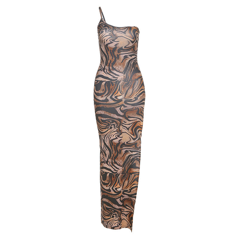 Fierce Animal Print One-Shoulder Dress – Sexy Cut-Out Party Maxi