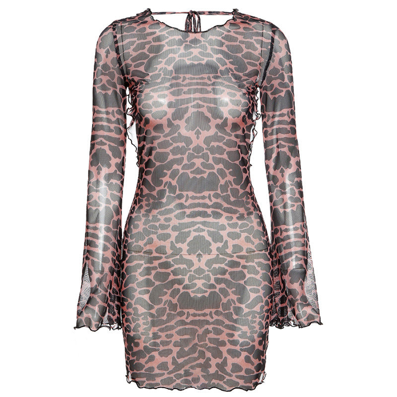 Wildly Sexy Leopard Mesh Dress - Long Sleeve Backless Bodycon for Night Out