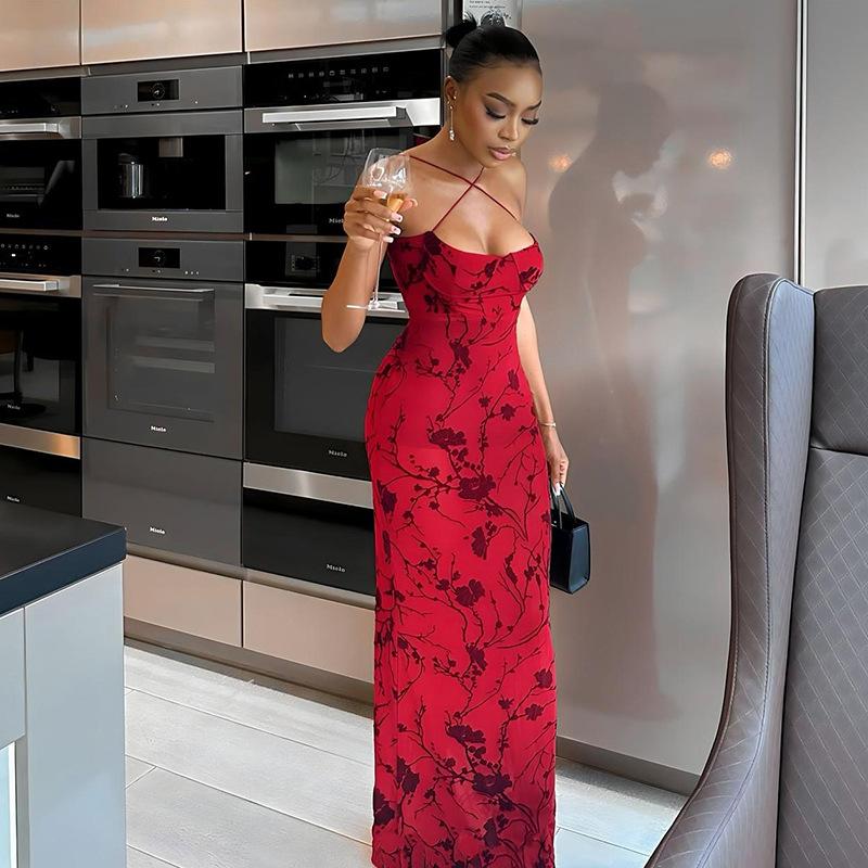 Red Floral Maxi Dress – Elegant Bodycon Gown for Special Occasions