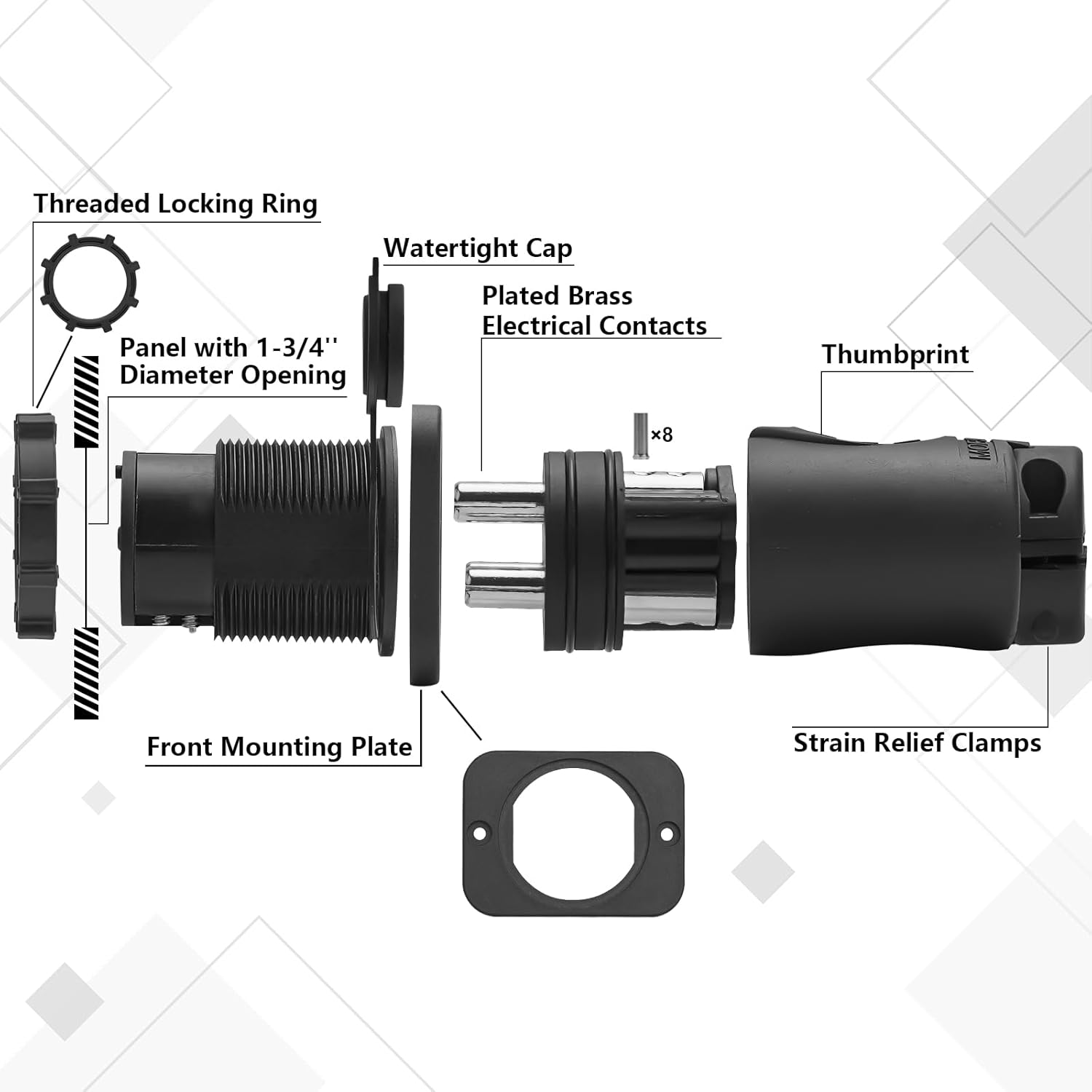 70A Trolling Motor Plug & Receptacle for 12-48V Systems, Heavy Duty, Watertight, Black