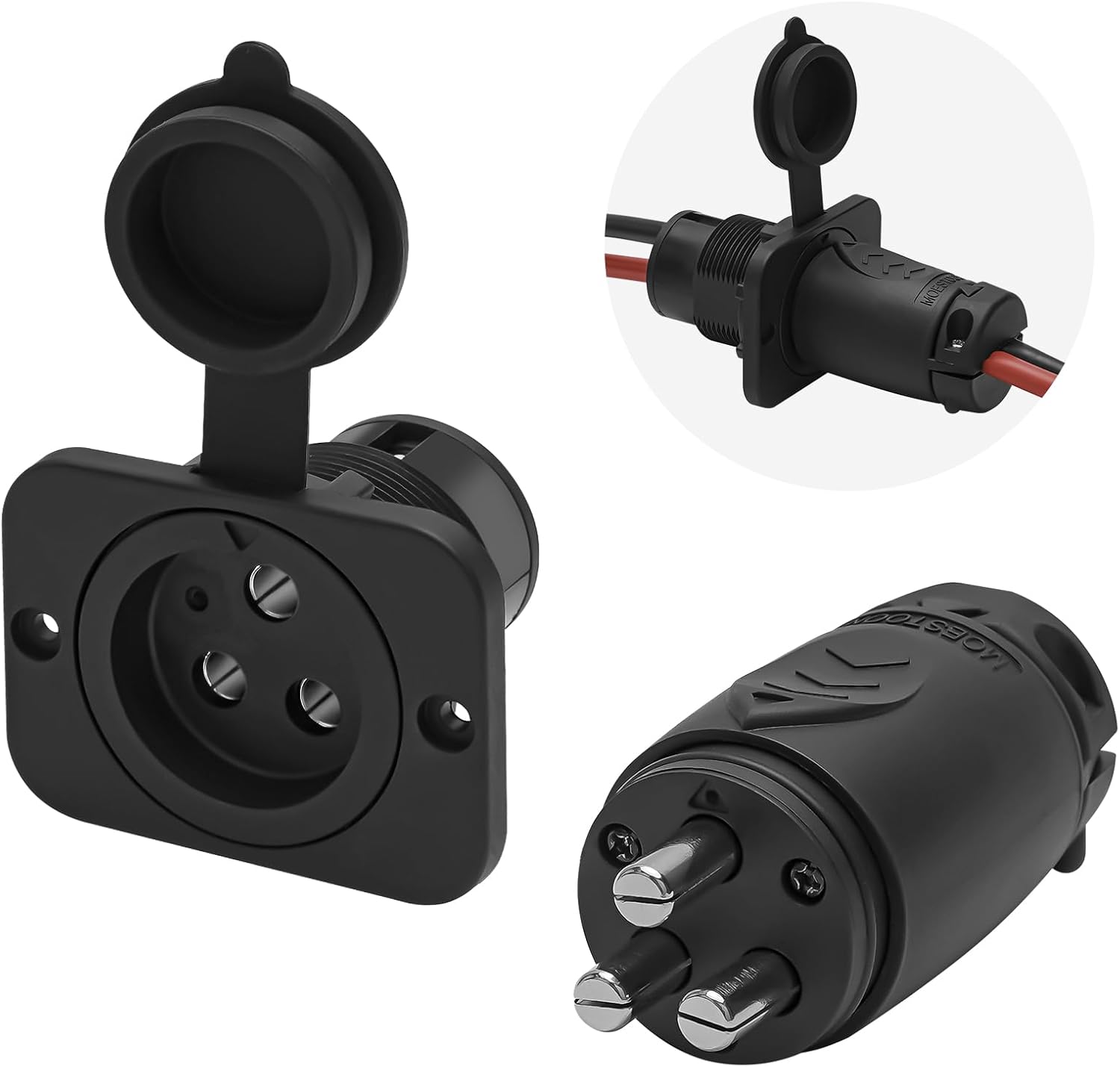 70A Trolling Motor Plug & Receptacle for 12-48V Systems, Heavy Duty, Watertight, Black