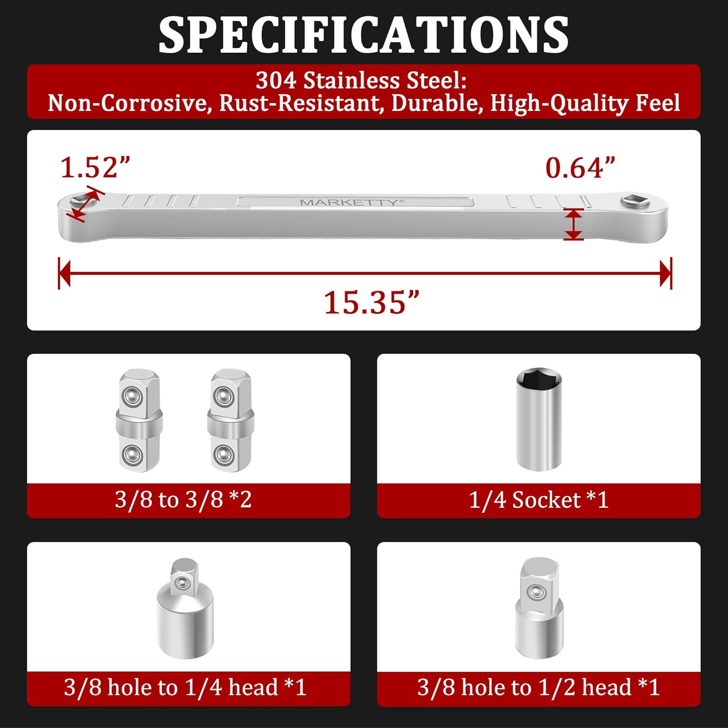 15.35-Inch Offset Ratchet Extension Wrench Set, 3/8-Inch Square Drive, Includes 5 Adapters and Socket