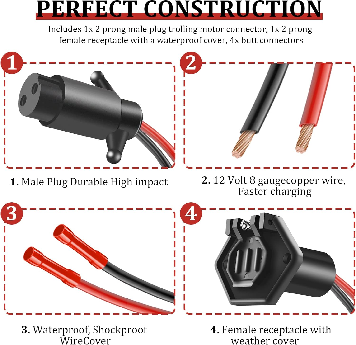 Waterproof Trolling Motor Plug and Receptacle, 12V, Compatible with Minn Kota, Quick Connect