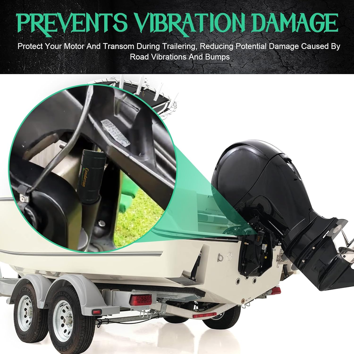 Transom Savers for Outboard Motors, Reduces Damage from Road Vibrations and Bumps