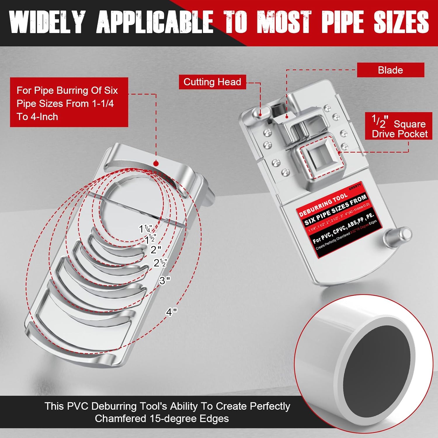 Professional Deburring Tool for PVC Pipes, Smooths Edges for Pipe Sizes 1-1/4 to 4-Inch