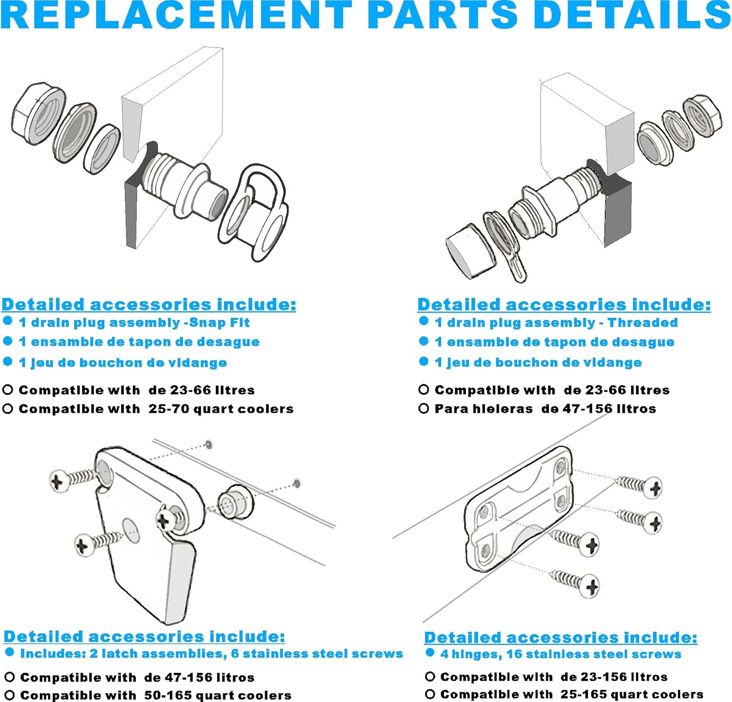 Cooler Replacement Parts Kit for Igloo, Includes Hinges, Latch Posts, and Drain Plug