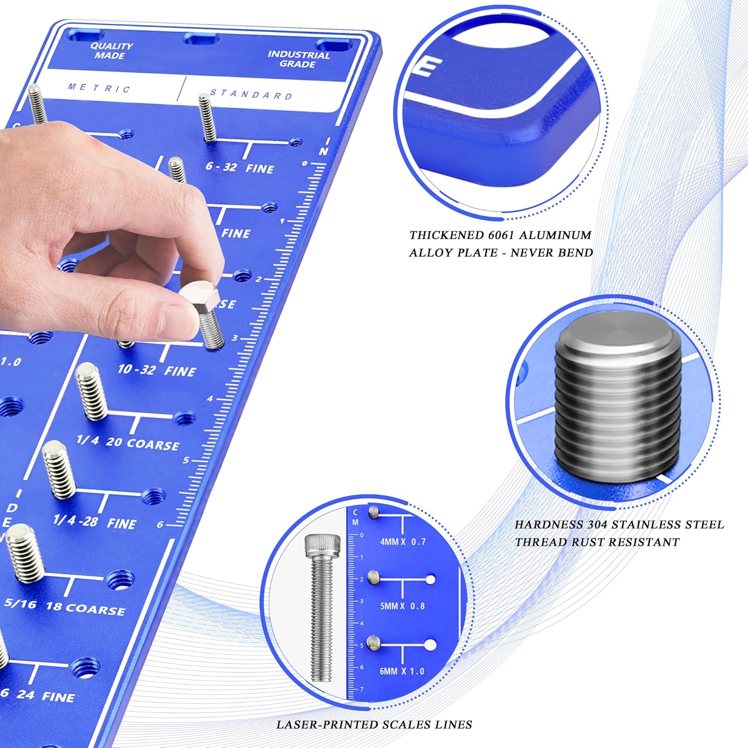 Nut and Bolt Thread Checker, 14 Metric & 14 Standard Sizes, Aluminum Gauge with Ruler, Blue