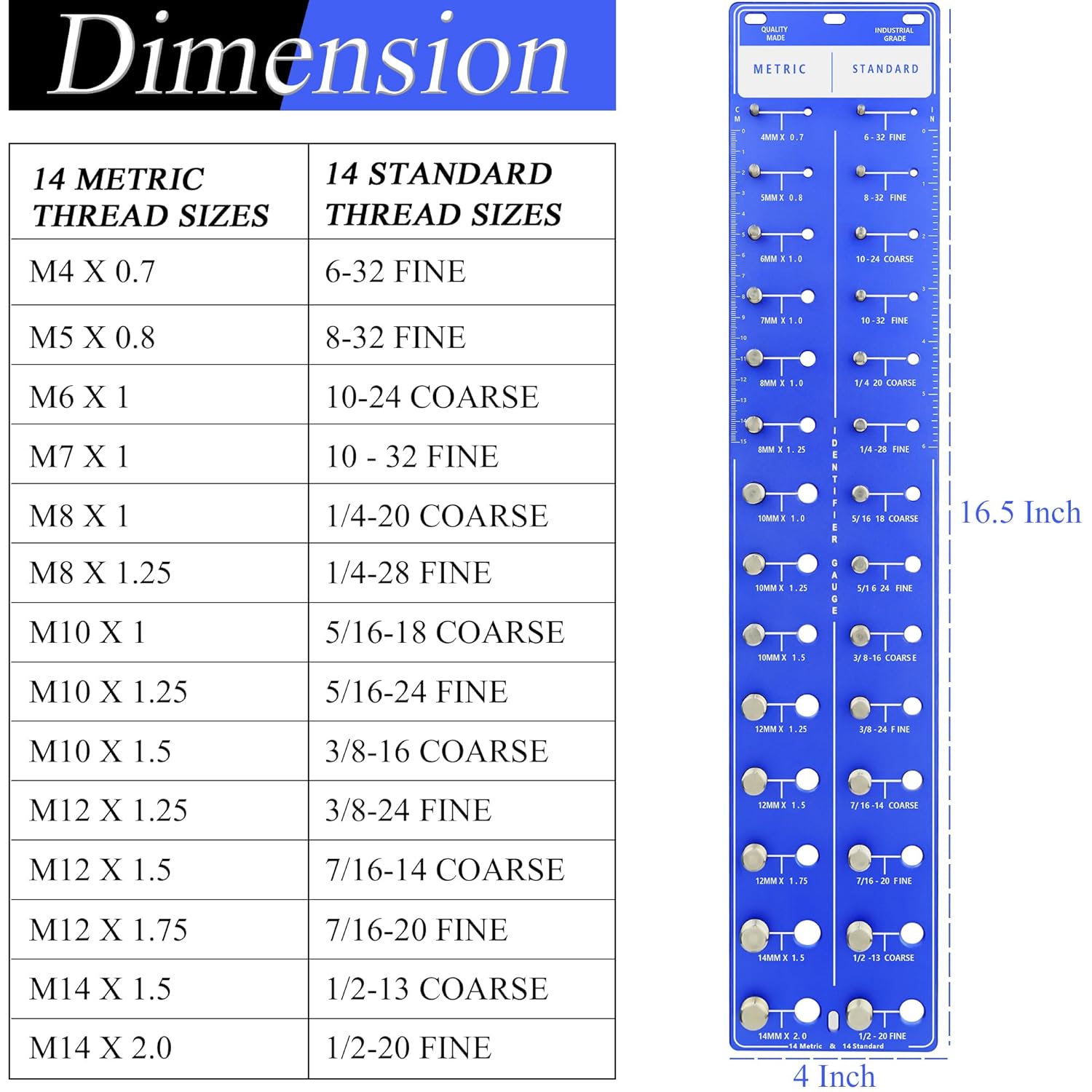 Nut and Bolt Thread Checker, 14 Metric & 14 Standard Sizes, Aluminum Gauge with Ruler, Blue