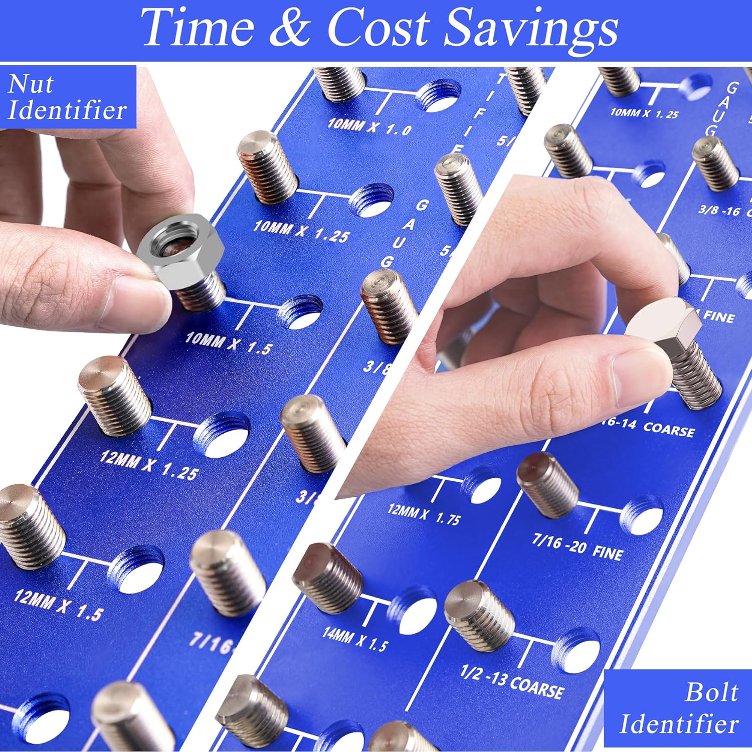 Nut and Bolt Thread Checker, 14 Metric & 14 Standard Sizes, Aluminum Gauge with Ruler, Blue