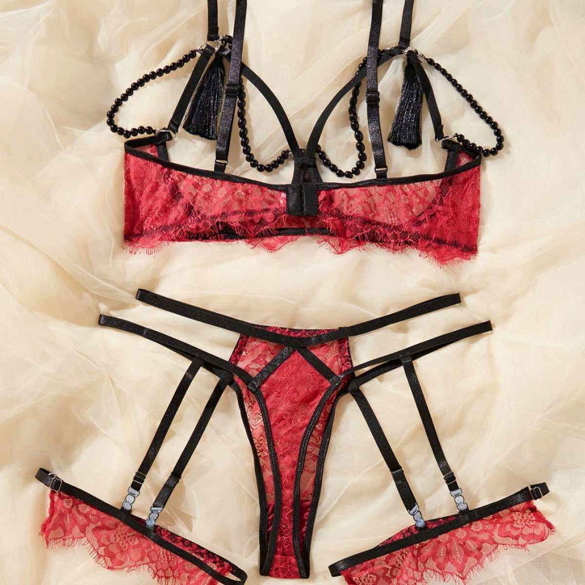 Seductive Red | Lace Strap Beaded Sexy Lingerie Set