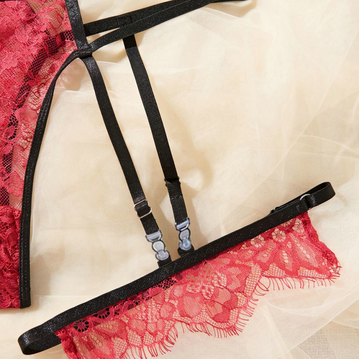 Seductive Red | Lace Strap Beaded Sexy Lingerie Set