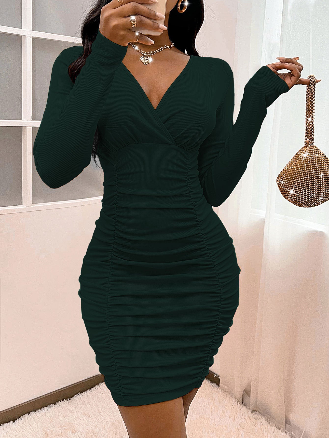 Sultry Ruched Long Sleeve Bodycon Dress – Multiple Colors to Choose From!