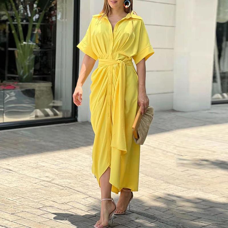 Chic Button-Down Midi Wrap Dress with Tie Waist